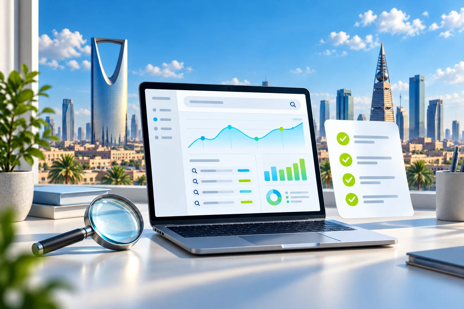 Illustration d’un audit SEO : ordinateur avec graphiques conceptuels, loupe et liste de vérification devant la skyline de Riyad.