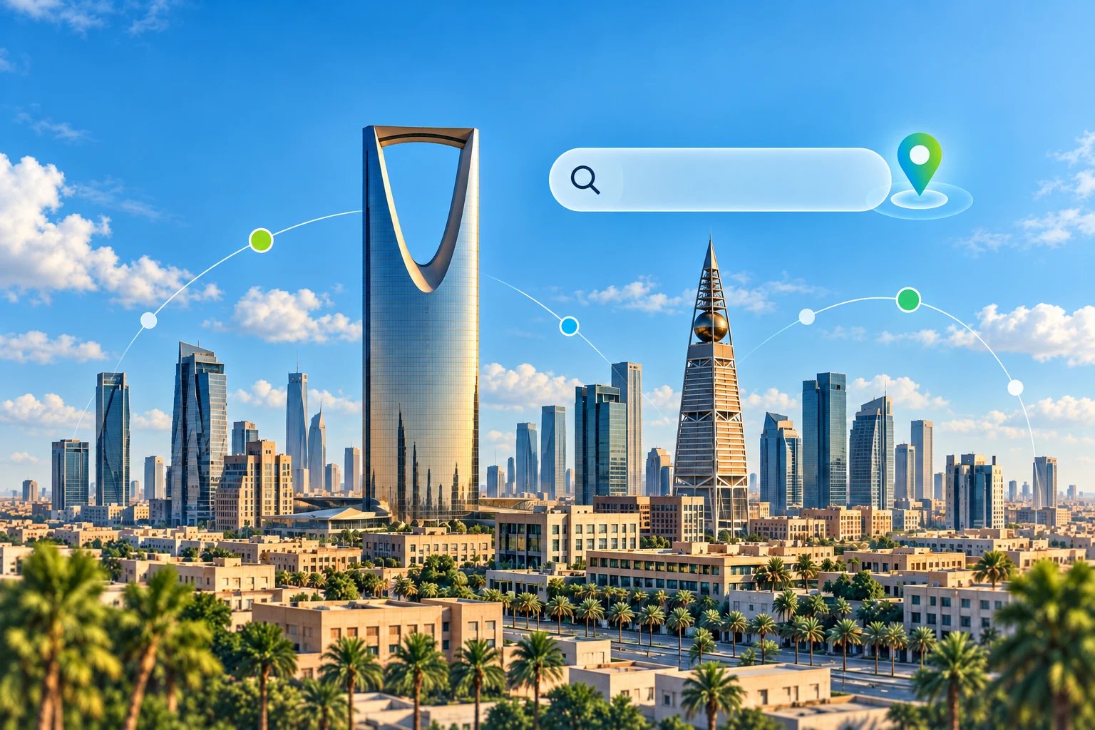 Illustration de Riyad, avec le Kingdom Centre, Al Faisaliah, une recherche et un repère de localisation.